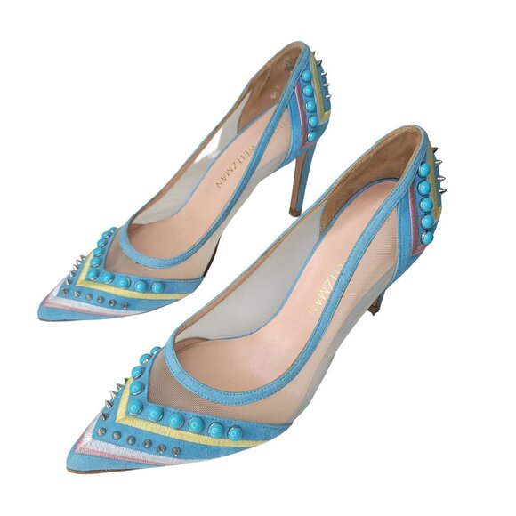 Stuart Weitzman cotton candy Heels blue Studded Beaded Mesh Multicolor Size 5.5 - Picture 8 of 8